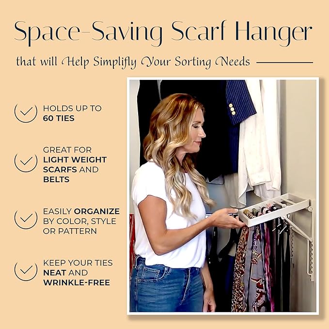 TieMaster Tie Rack and Scarf Organizer, Battery-Free Design, Holds 60 Ties and Scarves with 5 Belt Hooks, Easy Installation, Wall Mounted Tie Organizer, for Men & Women