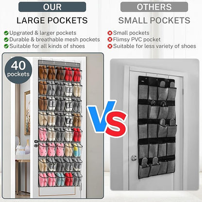 40-Pocket Over the Door Shoe Organizer - Large Mesh Pocket Hanging Shoe Organizer,Behind the Door Shoes Storage Holder Hanger,Large Capacity Design for Dorm Room College,Store 20 Pairs(Grey)