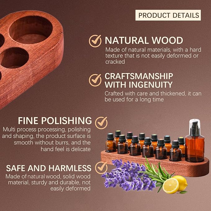 Wooden Essential Oil Holder with 13 Holes (3cmx12 & 5cmx1), Retro Desktop Display Rack for Bathroom Vanity Desk Organizer