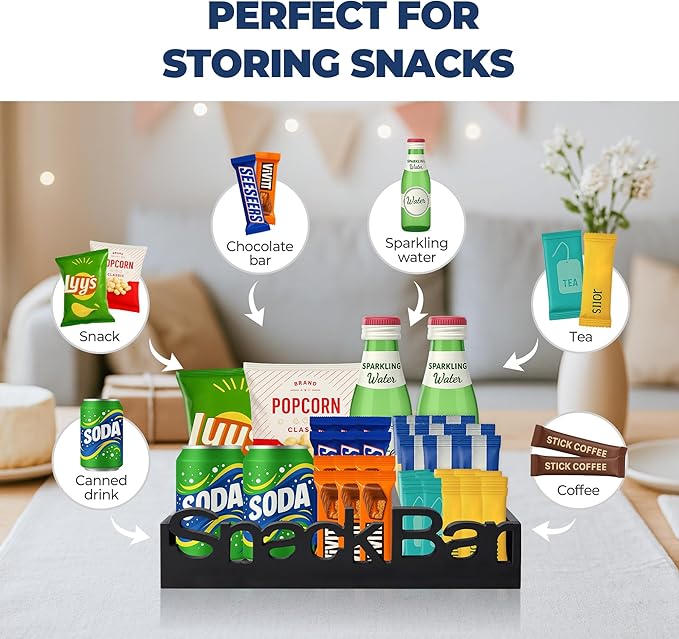 Snack Bar Organizer – Black 4 Compartment Station, Countertop Pantry Organizer for Kitchen, Office Food Holder, Candy Storage Bin, Display Stand, Cabinet Tray & Shelf
