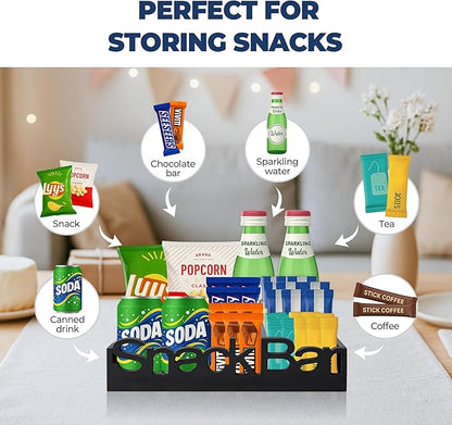 Snack Bar Organizer – Black 4 Compartment Station, Countertop Pantry Organizer for Kitchen, Office Food Holder, Candy Storage Bin, Display Stand, Cabinet Tray & Shelf