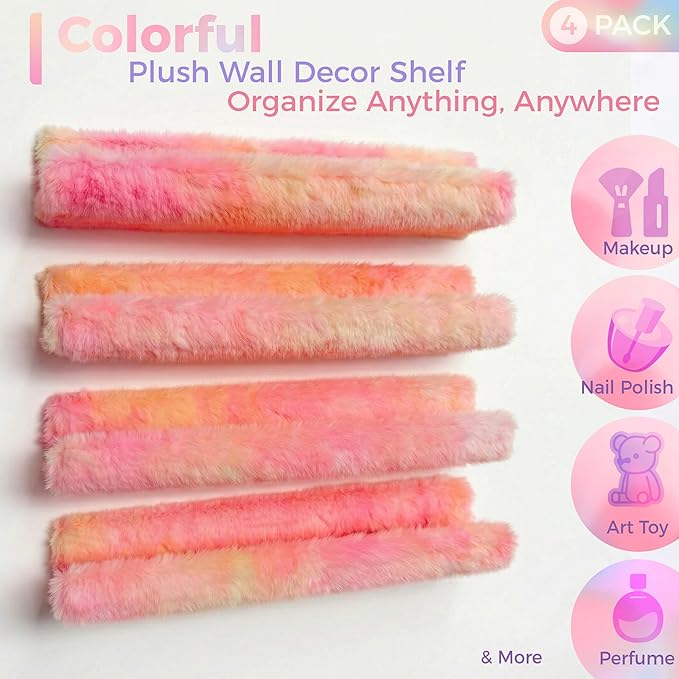 Fuzzy Orange Nail Polish Rack Wall Mounted Makeup Organizer, Soft Plush Decorative Floating Shelf for Lipstick, Skincare, Collectibles, Playful Room Decor for Girls, Vanity Storage for Bedroom Salon
