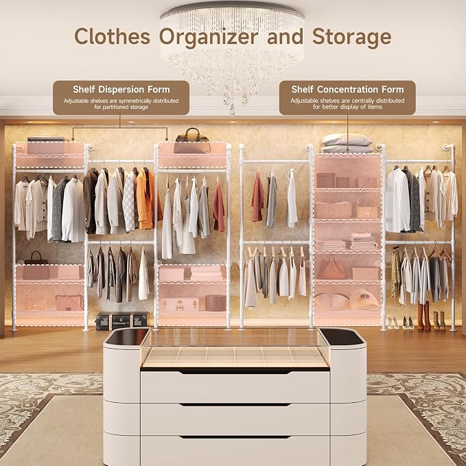 Wall Mounted Garment Rack, Walk-in Closet System with Expandable Rods, Adjustable Shelves, Industrial Pipe Clothing Racks, Hanging Clothes Organizers and Storage, Metal Closet Shelving Wardrobe