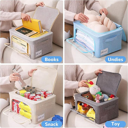 CYhom Clothes Storage Bins Box - Foldable Stackable Container Organizer Set with Clear Window & Carry Handles & Metal Frame - 2Pack Large Capacity for Bedding, Blankets, Books