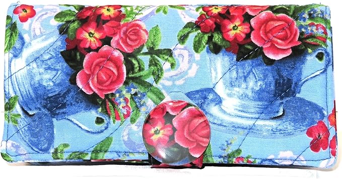 Tea Bag Wallet with Twelve Pockets XL Holder in Your Fabric Choice: Vintage Blue Tea Cups & Roses, Blue Birds & Teapots, Includes 4 Tea Bags, Tea Lover Gift, Quilted Handmade