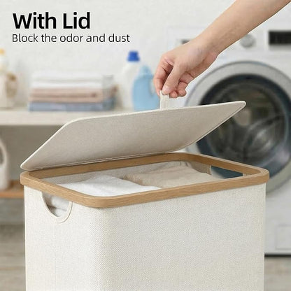 efluky Laundry Basket with Lid and Removable Bag, 100L Tall Laundry Hamper with Bamboo Handles, Aesthetic Dirty Clothes Bin for Laundry Room, Bathroom, Bedroom and Dorm, Beige