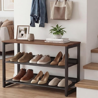 Garden 4 you Shoe Rack for Entryway 3 Tiers 11.8" D x 25" W x 20" H, Metal Shoe Rocks with Brown Wooden Tabletop, Angled Shoes Rack with Adjustable Mesh Shelves for Entryway Hallway Closet