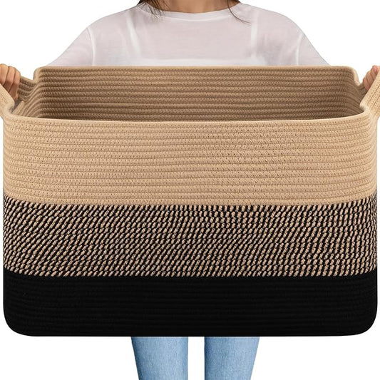 OIAHOMY Extra Large Blanket Basket, 95L Cotton Rope Woven Laundry Basket, Toy Bin for Baby Room, Container for Blanket Storage in Living Room, 24''×17''×14'', Brown & Black