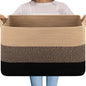 OIAHOMY Extra Large Blanket Basket, 95L Cotton Rope Woven Laundry Basket, Toy Bin for Baby Room, Container for Blanket Storage in Living Room, 24''×17''×14'', Brown & Black