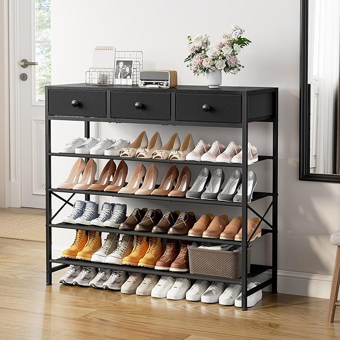 Shoe Rack, 5 Tier Shoe Organizer with 3 Drawers, Metal Shoe Storage for 24-30 Pairs of Shoes with Fabric Shelves and Wooden Top, Narrow Shoe Shelf for Closet Entryway Black