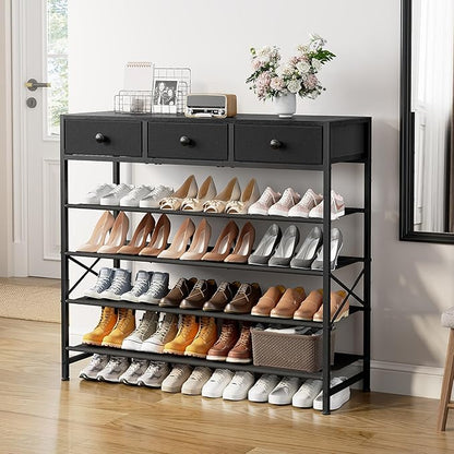 Shoe Rack, 5 Tier Shoe Organizer with 3 Drawers, Metal Shoe Storage for 24-30 Pairs of Shoes with Fabric Shelves and Wooden Top, Narrow Shoe Shelf for Closet Entryway Black