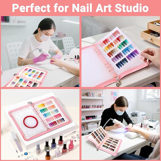 Segbeauty Nail Sample Color Swatches Book with Zipper, Nail Display Book Polish Color Swatches A5 Binder, Gel Press On Nails Organizer Storage Holder with 240 False Fingernail Polish Art Salon Pink