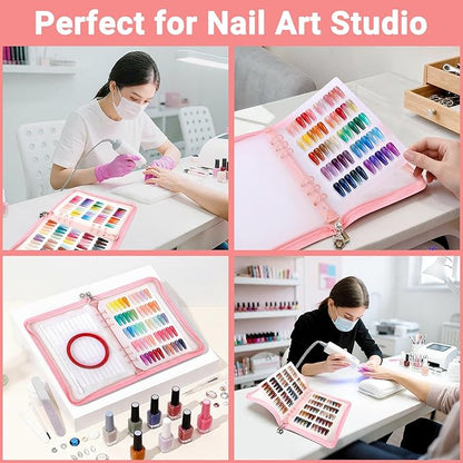 Segbeauty Nail Sample Color Swatches Book with Zipper, Nail Display Book Polish Color Swatches A5 Binder, Gel Press On Nails Organizer Storage Holder with 240 False Fingernail Polish Art Salon Pink