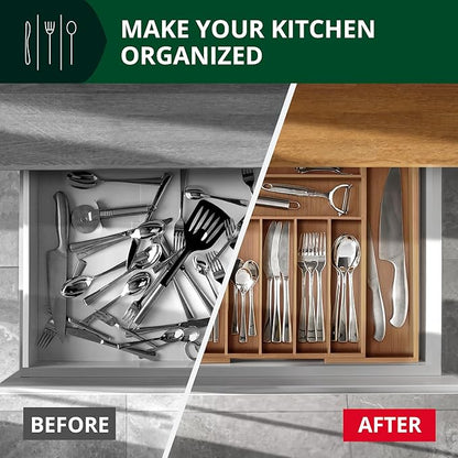 ROYAL CRAFT WOOD Luxury Bamboo Kitchen Drawer Organizer - Silverware Organizer - Utensil Holder and Cutlery Tray with Grooved Drawer Dividers for Flatware and Kitchen Utensils (9 Slot, Brown Bamboo)