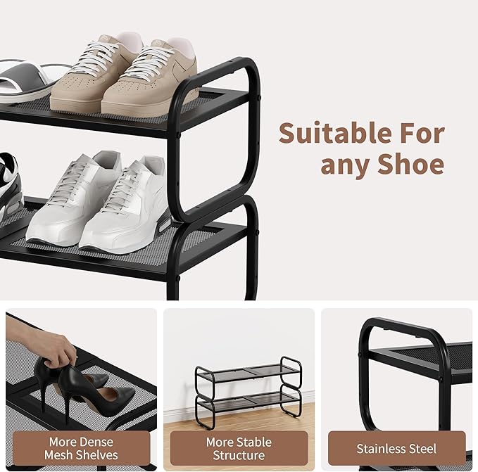 2 Tier Shoe Rack - Expandable Shoe Organizer for Closet, Adjustable Metal Shoe Shelf Storage, Stackable Long Shoe Stand Holder for Garage, Entryway, Door Entrance