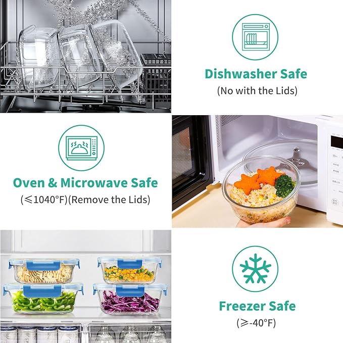 34pcs Glass Food Storage Containers with Lids Set, Airtight Glass Meal Prep Containers (17 Containers & 17 Lids), Leak Proof Lunch Container BPA-Free, Microwave, Oven, Freezer, Dishwasher Safe-Blue