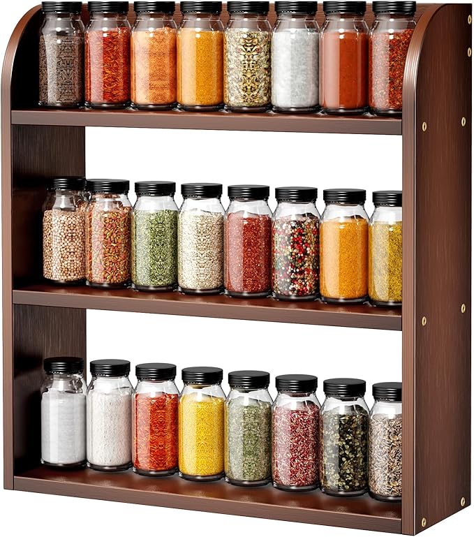 ROMGUAR CRAFT 3 Tier Bamboo Spice Rack, Countertop or Wall Mounting Wood Spice Jars Organizer Shelf for Kitche, Pantry (Brown)