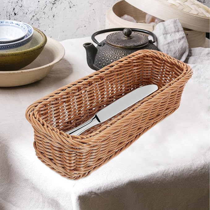 Angoily Rattan Woven Basket Tableware Storage Box for Chopsticks Forks Knives Lightweight Kitchen Utensil Organizer 11.81X4.33X2.75 Inches Compact Holder