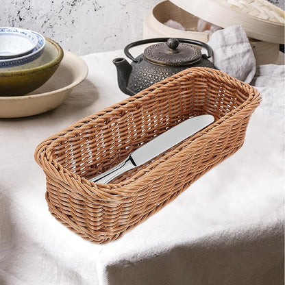 Angoily Rattan Woven Basket Tableware Storage Box for Chopsticks Forks Knives Lightweight Kitchen Utensil Organizer 11.81X4.33X2.75 Inches Compact Holder