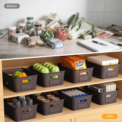 Brown Plastic Storage Baskets - Pack of 8 with Labels Stackable Durable Storage Bins, Storage Containers for Organizing Desktops, Closets, Playrooms, Classrooms, Offices