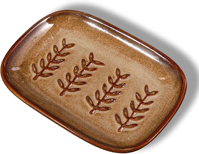 HighHerz Aesthetic Ceramic Soap Dish for Shower, Soap Holder with Raised Relief, Shower Soap Dish for Shampoo Bar Or Sponge, Soap Saver for Bathroom, Kitchen, Sink, Decorative Soap Tray (Brown)
