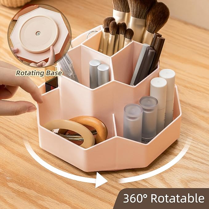 360° Rotating Pink Makeup Brush Holder Organizer with 9 Slots, Makeup Organizers Countertop, Makeup organization and Skincare Storage for Vanity, Desktop, Bathroom (PINK)