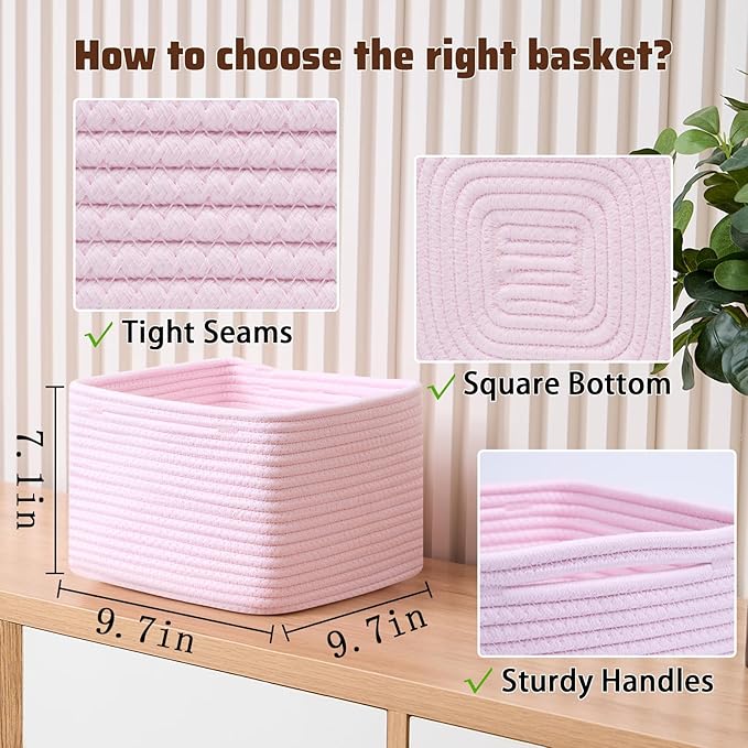 MiniArk Small Organizing Baskets for Cubes Shelf, 9.7x9.7x7.1 Inch Rope Woven Storage Bins for Nursery Shelves Storage, Cute Toy Basket, Square 3 Packs Light Pink