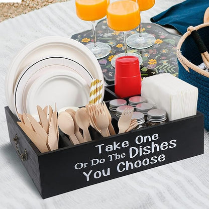 Silverware Caddy Organizer for Countertop, Kitchen Utensil Caddy for Cups, Forks, Spoons, Napkins, Wooden Utensil Holder Paper Plate Dispenser for Party Picnic