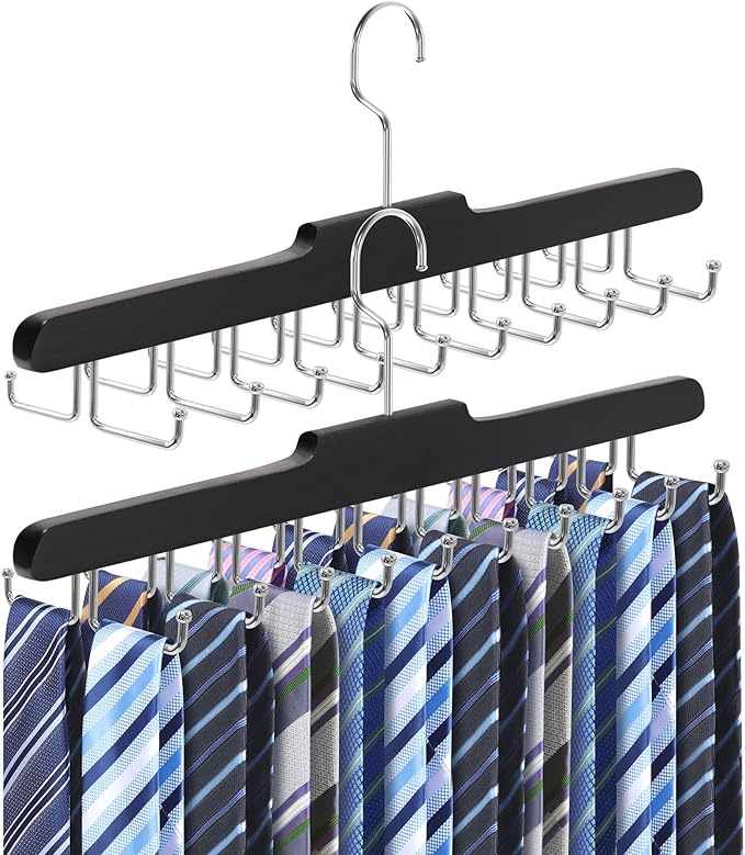 2PC Tie Rack Hanger for Closet Fitnice Upgraded Non Slip Tie Holder Organizer Space Saving with 20 Foldable Hooks Wooden Belt Hanger for Tank Tops Bras Cami Scarves,Black