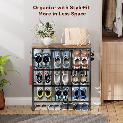 Narrow Shoe Rack, 4 Tier Slanted Metal Shoe Organizer for Small Space, Bench Shoe Storage Shelf for Entryway, Closet, Rustic Brown
