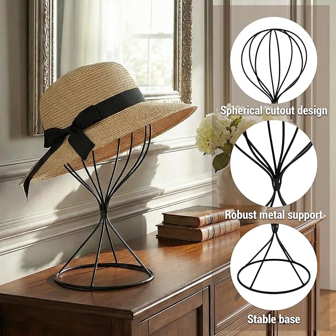 MyGift 2 Pcs Hat Holder Stand, Baseball Cap Organizer Storage, Wig Fedora Display Rack, Black Metal Wire