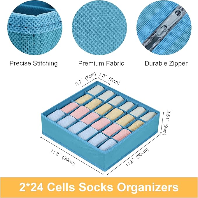 Joyoldelf Sock Organizer Drawer Organizer - 2 Packs Underwear Organizer, 24 Cells Collapsible Closet Organizers and Storage Sock Holders Organizers for Storing Socks, Ties, Belts(Blue)