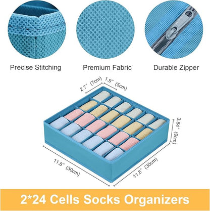 Joyoldelf Sock Organizer Drawer Organizer - 2 Packs Underwear Organizer, 24 Cells Collapsible Closet Organizers and Storage Sock Holders Organizers for Storing Socks, Ties, Belts(Blue)