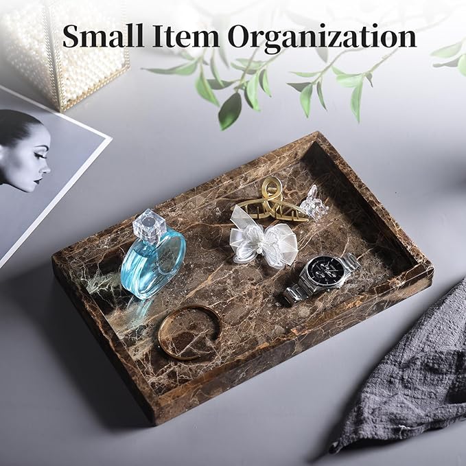 YMXYJM Real Natural Marble Tray for Bathroom, Genuine Marble Stone Vanity Tray, Luxury Storage Trays for Kitchen, Vanity, Home Decor, Dresser, Non-Resin/Non-Ceramic, 12"x 8"x 1.2", Dark Brown