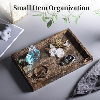 YMXYJM Real Natural Marble Tray for Bathroom, Genuine Marble Stone Vanity Tray, Luxury Storage Trays for Kitchen, Vanity, Home Decor, Dresser, Non-Resin/Non-Ceramic, 12"x 8"x 1.2", Dark Brown