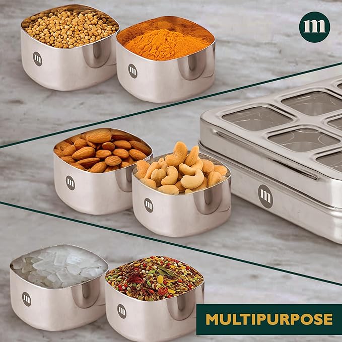 MARU Stainless Steel 9-in-1 Square Masala Dabba – Spice Box with 9 Round Containers, Individual See-Through Lids, and Durable Design for Easy Kitchen Storage (9 IN 1 Without inside lids)