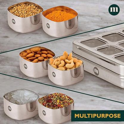 MARU Stainless Steel 9-in-1 Square Masala Dabba – Spice Box with 9 Round Containers, Individual See-Through Lids, and Durable Design for Easy Kitchen Storage (9 IN 1 Without inside lids)