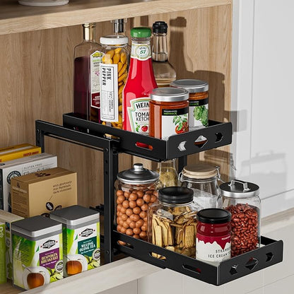 BOIVSHI Pull Out Spice Racks for Inside Cabinets, 2-Tier Cabinet Spice Rack Organizer, Height Adjustable Vertical Spice Rack for Kitchen Cabinet (7.5''Wx10.8''Dx9.2''H, Metal Black)