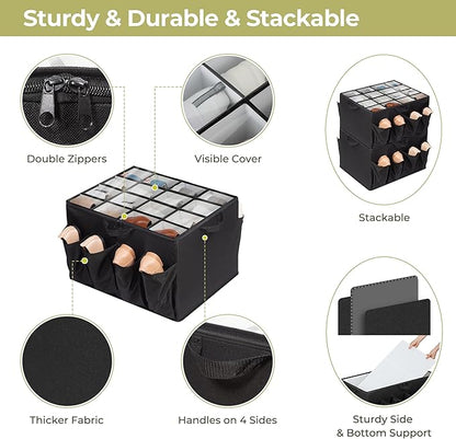 Shoe Organizer for Closet, Fits up to 24 Pairs, Fabric Shoe Box Storage Containers with Adjustable Dividers and Clear Cover, Black, 1 Pack