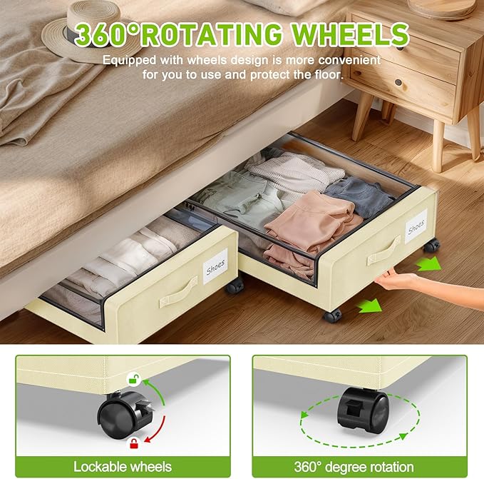 Molutsody Under Bed Storage with Wheels, 4-Pack UnderBed Storage Containers with Clear Lids, Under Bed Shoe Storage Organizer, Rolling Under Bed Storage for Clothes Shoes Blankets (Beige)