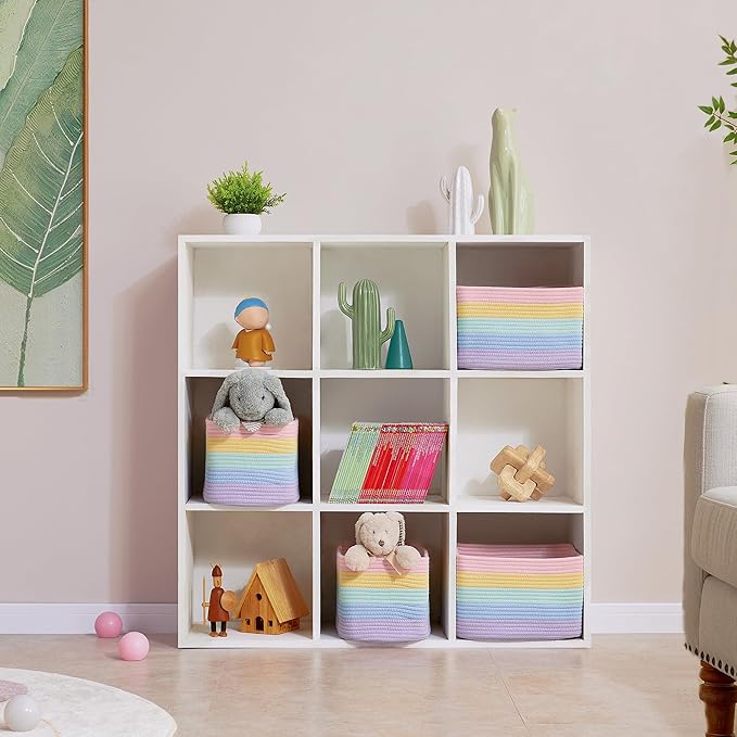 Set of 4 Rainbow Rope Basket for Shelves Woven Rectangle Storage Basket Bins for Nursery Toy Storage for Baby Girl