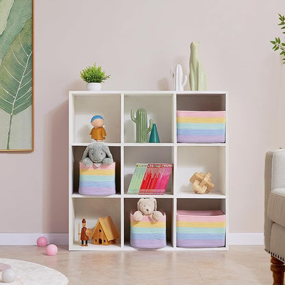 Set of 4 Rainbow Rope Basket for Shelves Woven Rectangle Storage Basket Bins for Nursery Toy Storage for Baby Girl
