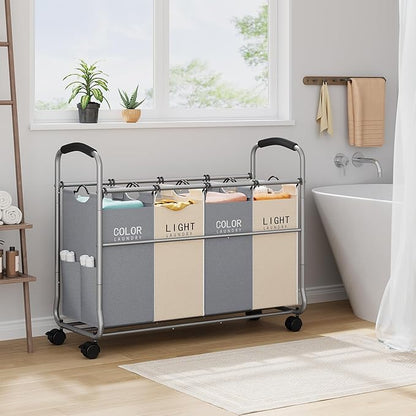 Tajsoon Laundry Sorter 4 Sections, Laundry Separator Hamper with Heavy Duty Lockable Rolling Wheels, Laundry Divider with Removable Bags for Dirty Clothes Storage, Beige & Grey