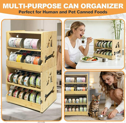Cat Food Organizer, Bamboo Can Organizer for Pantry,2 Tier Stackable Pet Food Can Organizer for Kitchen Pantry, Can Rack Organizer for Human and Pet Food Cans, FIFO Design