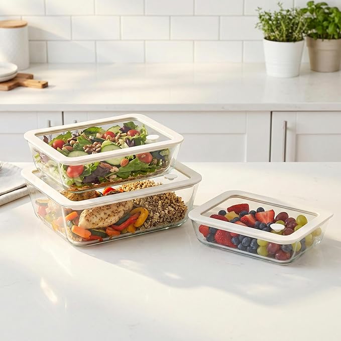 Urban Green Glass Food Container Set with Silicone Glass Lid, 3 Pack, Airtight, LeakProof, 100% Plastic Free, Meal Prep Containers (White Color)