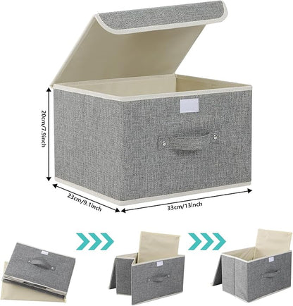 Storage Boxes, Collapsible Storage Bins with Lids, Cotton and linen cloth Storage Baskets with Handle, for Books, Closet, Bedroom, Home, 13x9.1x7.9 in, Grey