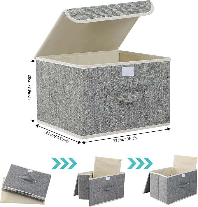 Fabric Storage Bins Cube Organizers with Flip-Top Lid and Handles,Storage Boxes for Organizing Home,Office,and Closet,Grey,5 Pack 13 X 9.1 X 7.9 in