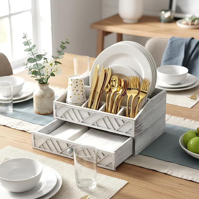Marsui Paper Plate Dispenser, Wood Rustic Paper Plate Holder for Countertop with Drawer Silverware Utensil Caddy, Cutlery Flatware Organizer for Spoon Fork Napkins Kitchen Parties(Retro Aged White)