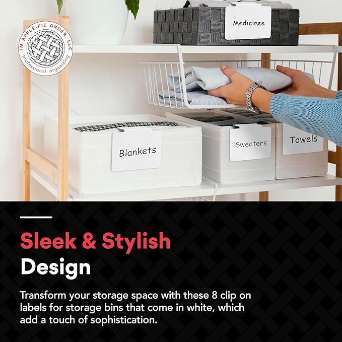Labels for Storage Bins | Metal Storage Bin Clips (2.5” x 3.5”) - Set of 8 Basket Clip On Tags for Storage Bins w/Non-Slip Grip Pads & Dry Erase Marker - Removable Bin Labels for Storage Baskets
