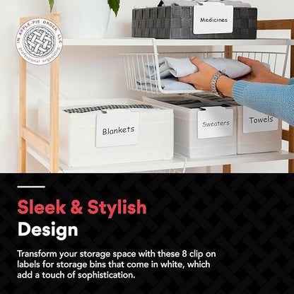 Labels for Storage Bins | Metal Storage Bin Clips (2.5” x 3.5”) - Set of 8 Basket Clip On Tags for Storage Bins w/Non-Slip Grip Pads & Dry Erase Marker - Removable Bin Labels for Storage Baskets